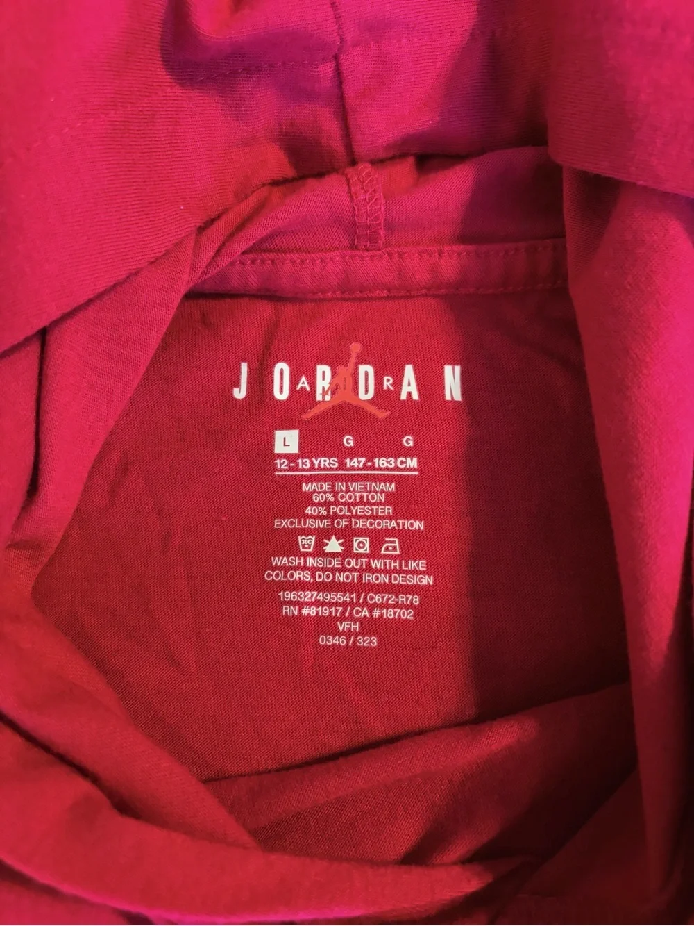 Nike Jordan Boys Dark Red Pullover Hoodie Tee with Jumpman Logo Sz L (12/13 yrs)